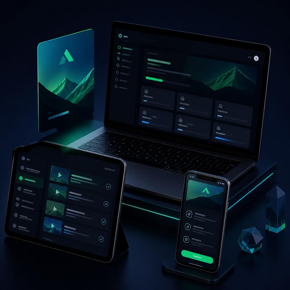 Mockup do curso entregue pela Alpha Hub: área de membros em tablet, painel de aulas em notebook, página de vendas em celular e capa do curso